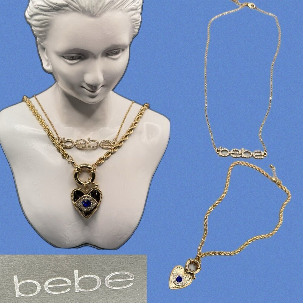 Bebe Gold Pave Heart Evil Eye Pendant Rope Chain Crystal Name Logo Necklace Set